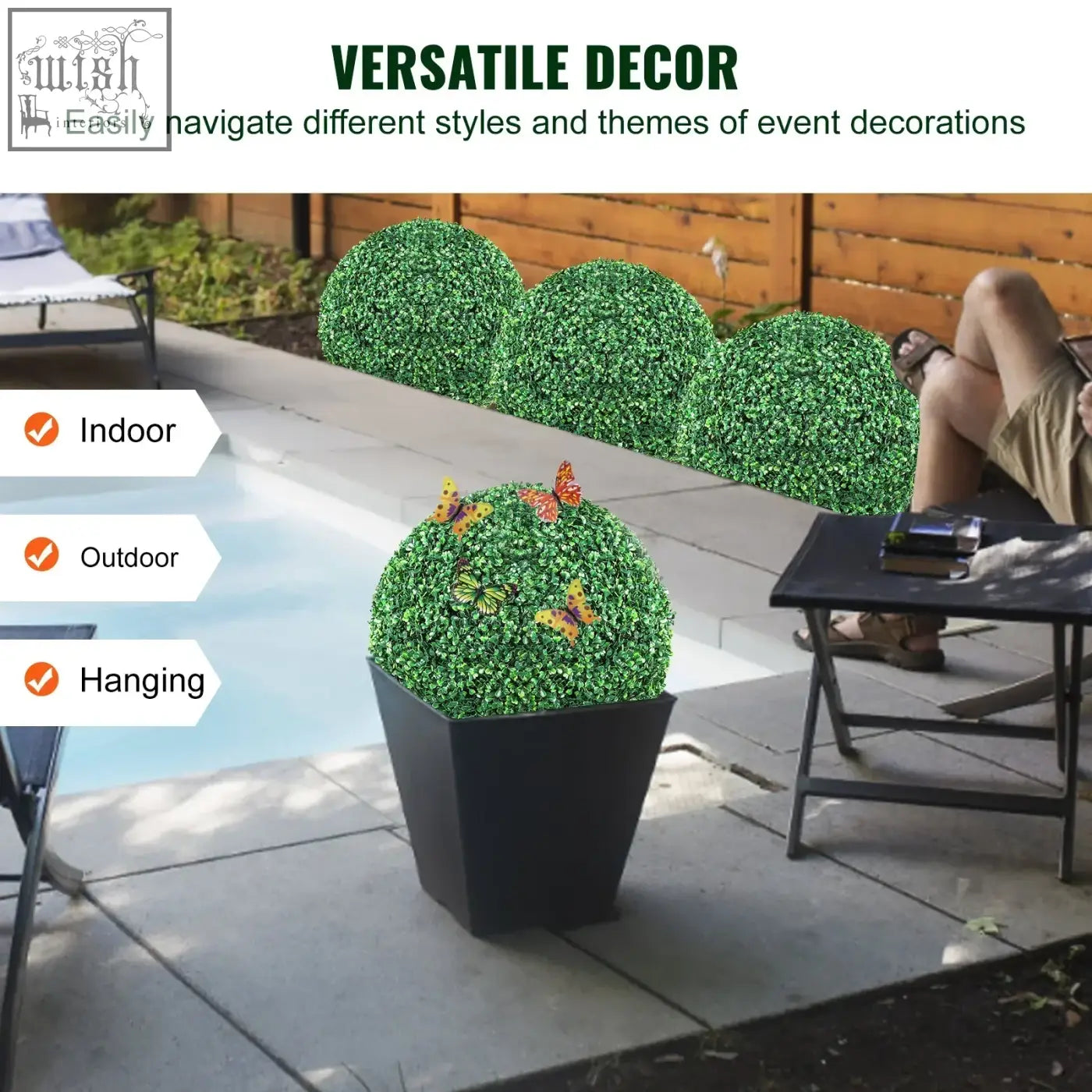 Green vevor artificial topiary balls in black pots with colorful butterfly decorations for all-year decor