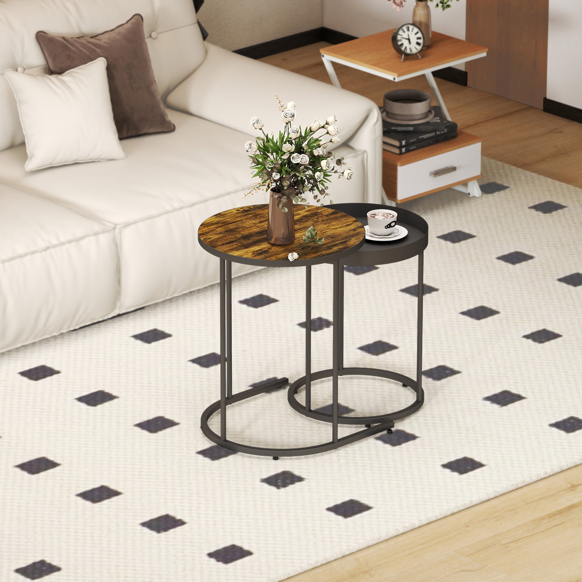 HOMCOM Set of Two Industrial Nesting Tables - Brown/Black