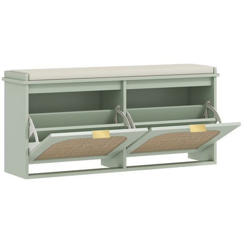 HOMCOM Boho Shoe Bench with Padded Seat and 2 Flip-Drawers - Light Green