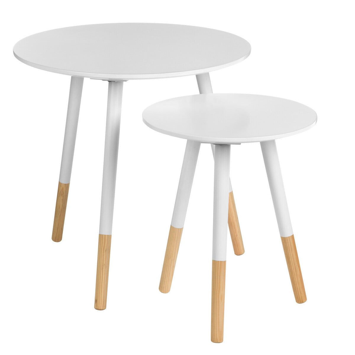 Set of two white round nesting side tables with tapered legs and natural wood finish bottom by viborg