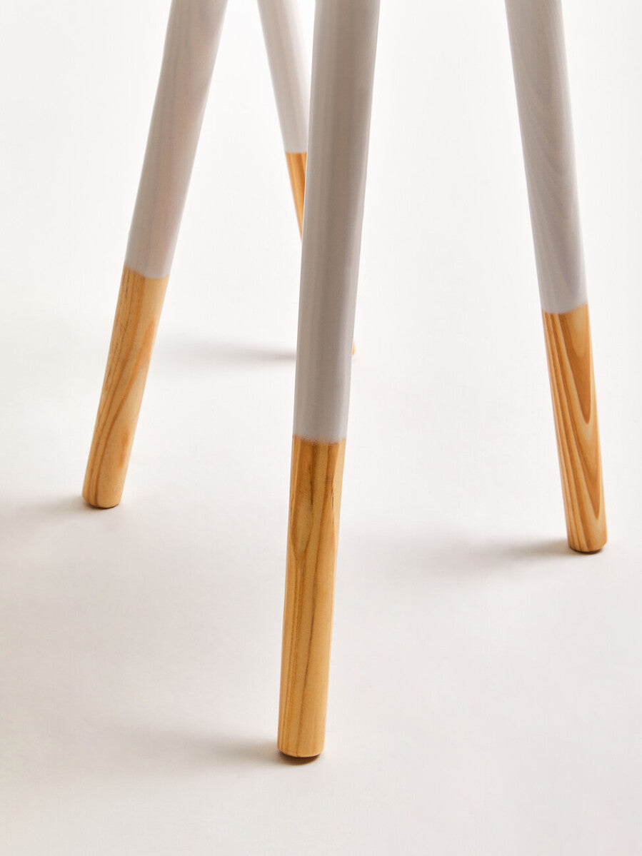 Legs of viborg set of two white round side tables with natural wood finish and sleek modern tripod design