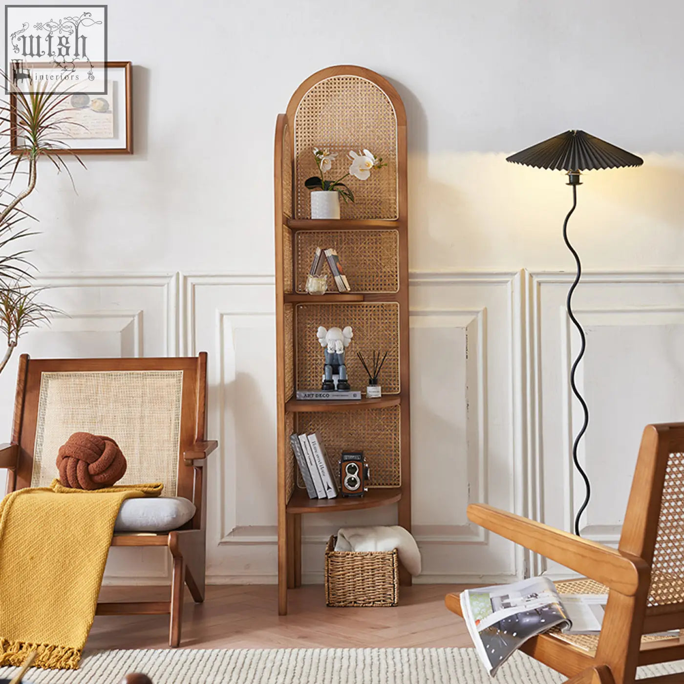 Tall arched vicente triangle bookshelf with wooden frame and woven rattan shelves for stylish storage