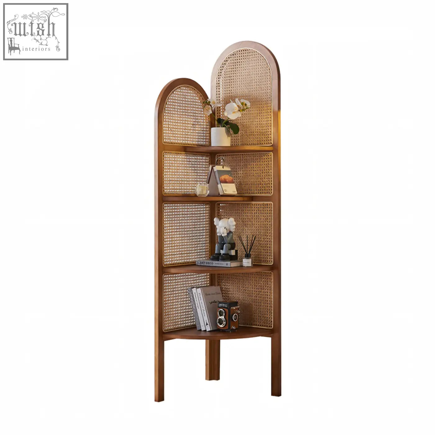 A tall vicente triangle bookshelf with warm ash wood frame and woven rattan cane panels for corner storage