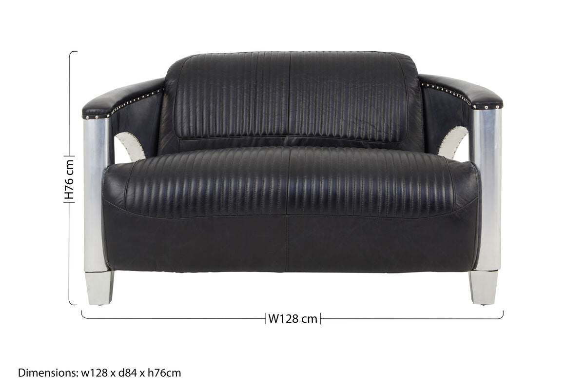 Victor two seat black leather sofa with silver metallic legs and armrest accents perfect for modern living rooms