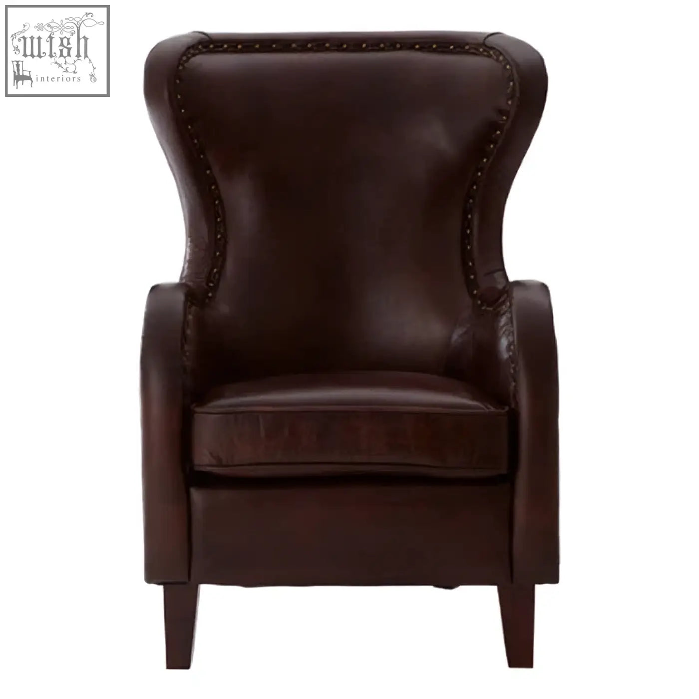 Dark brown leather victor lounge chair with high back button-tufted details and walnut wood legs