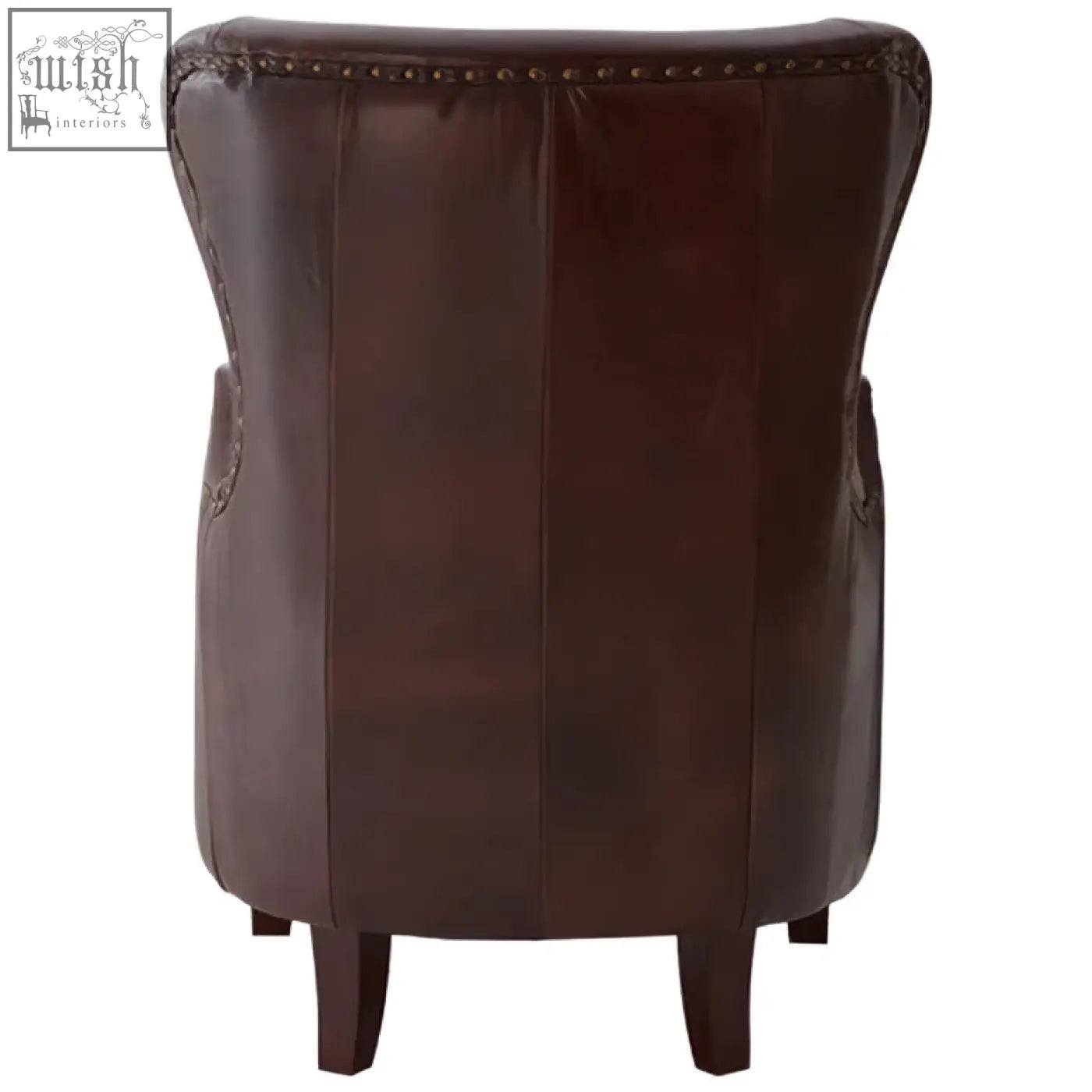 Dark brown leather lounge chair with tufted back and walnut wood legs for a stylish living room setup