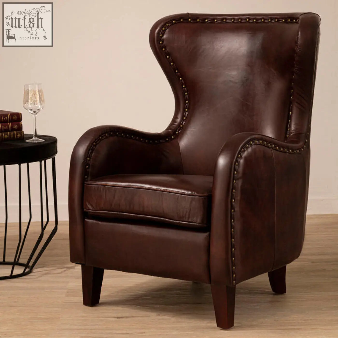 Victor brown leather lounge chair with rich brown leather, classic tufted detailing, and walnut wood legs