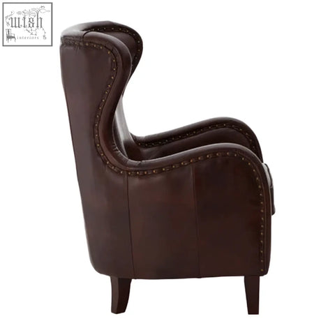 Victor brown leather lounge chair with tufted detailing nailhead trim and walnut wood legs for cozy seating