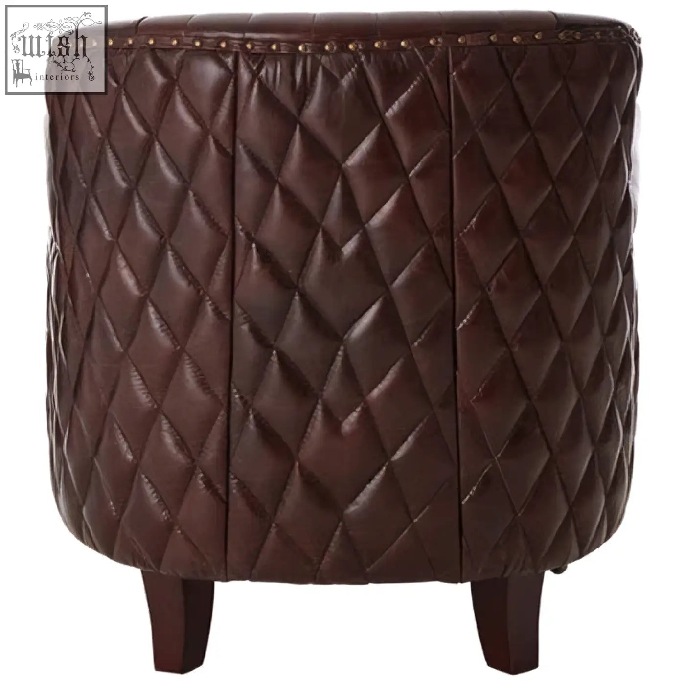 Brown leather tufted ottoman with diamond quilted pattern and studded trim for victor brown leather winged back armchair