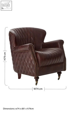 Victor brown leather winged back armchair with rich brown leather diamond-quilted upholstery and curved arms