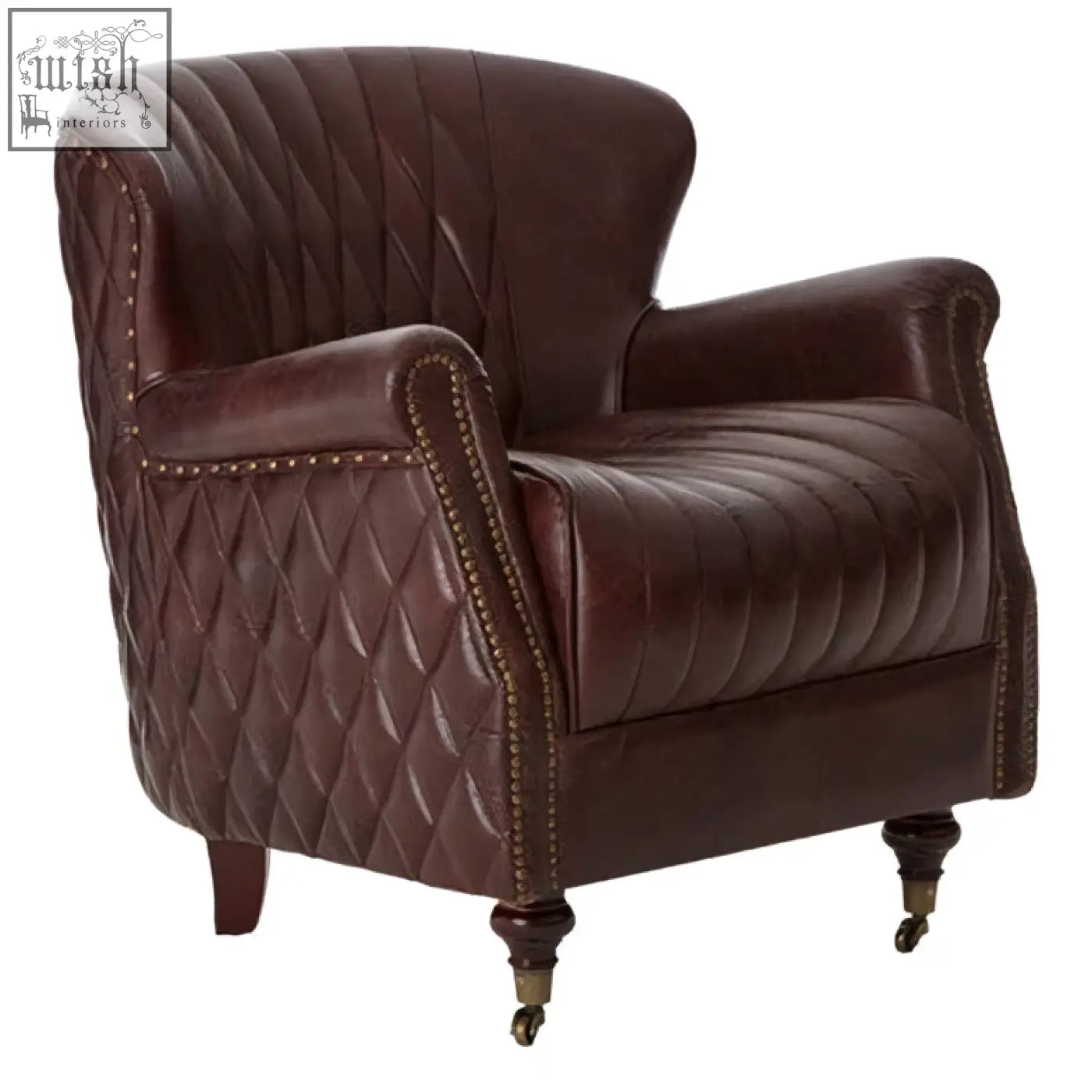 Victor brown leather winged back armchair with diamond-quilted upholstery curved arms and brass nailhead trim