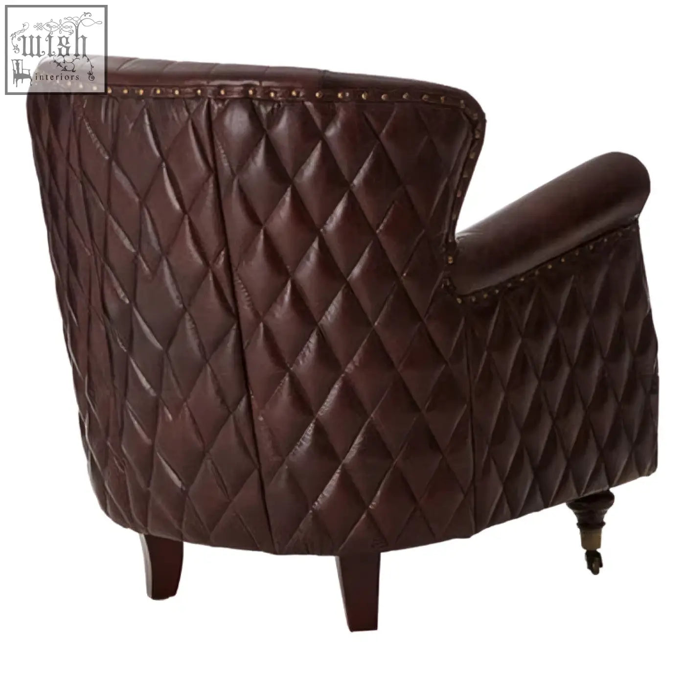 Victor brown leather winged back armchair with diamond-quilted pattern curved arms and decorative nailhead trim