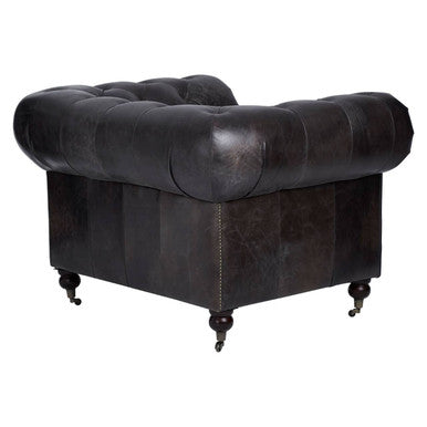 Victor dark grey brown leather chesterfield chair with dark brown leather, tufted upholstery, and ornate wooden legs