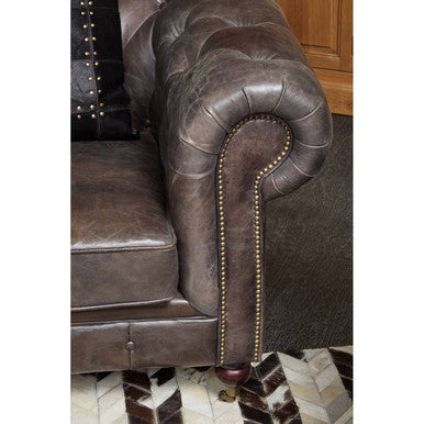 Victor dark grey brown leather chesterfield chair with tufted dark brown leather upholstery and brass nailhead trim