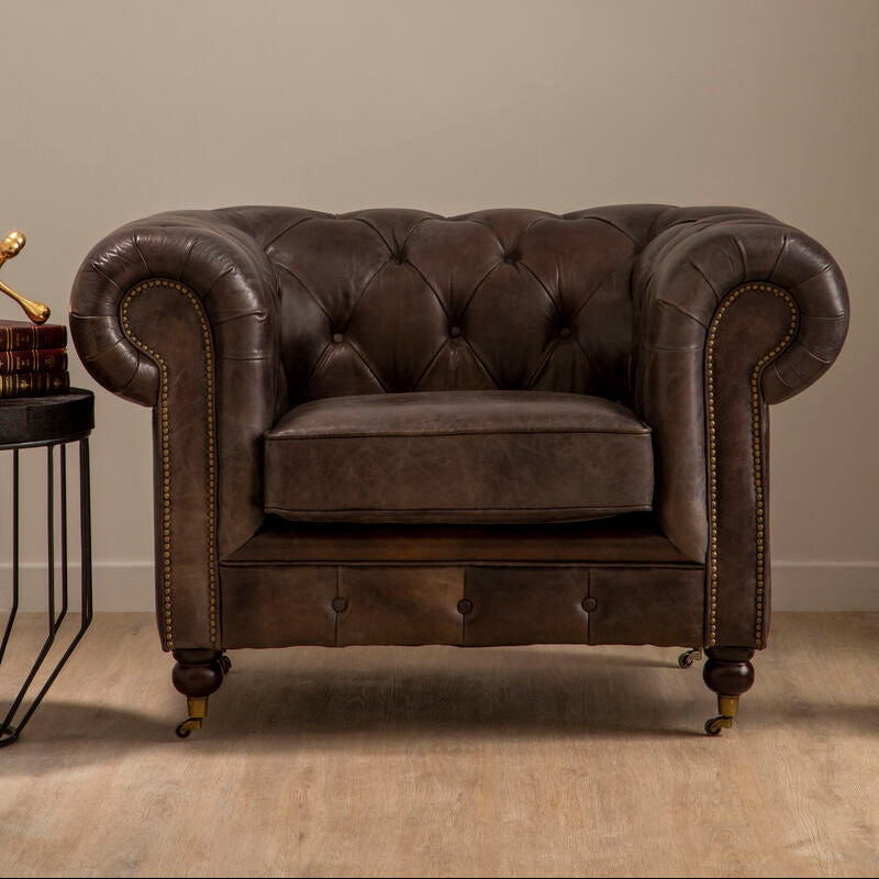 Victor dark grey brown leather chesterfield chair with tufted upholstery and brass nailhead trim in brown leather