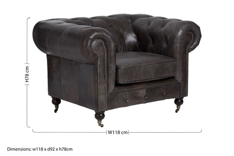Dark brown leather chesterfield armchair with tufted upholstery and nailhead trim in victor dark grey brown finish