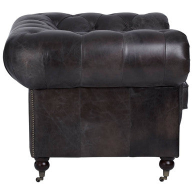 Dark brown leather chesterfield armchair with tufted upholstery and nailhead trim in victor dark grey brown style