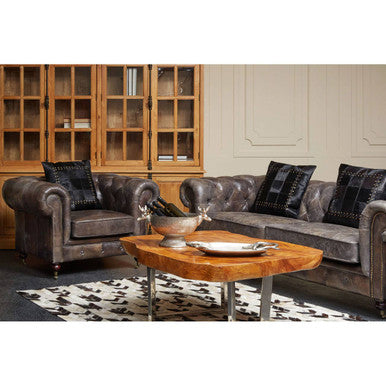 Dark gray leather chesterfield sofa with rolled arms and tufted backrest in victor dark grey brown leather style