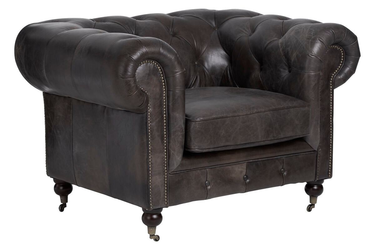 Dark brown leather chesterfield armchair with tufted upholstery and nailhead trim in victor dark grey brown style