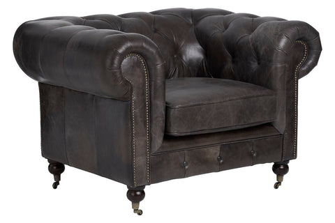 Dark brown leather chesterfield armchair with tufted upholstery and nailhead trim in victor dark grey brown style