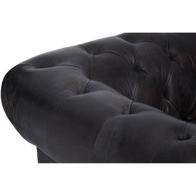 Black tufted velvet sofa with plush texture and classic button detailing in victor dark grey brown leather chesterfield chair style