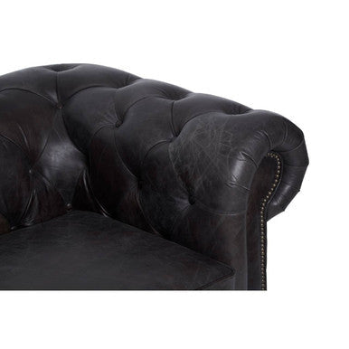 Victor dark grey brown leather chesterfield chair with black leather tufted back and nailhead trim visible from back