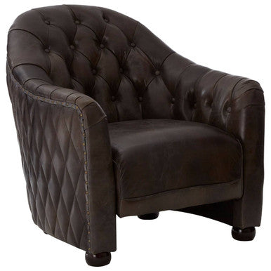 Dark brown tufted leather armchair with classic elegant design shown in victor dark grey brown leather tub chair style