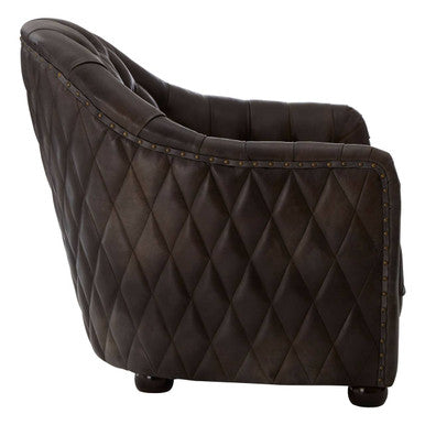 Victor dark grey brown leather tub chair with dark brown leather armchair featuring diamond quilted pattern and nailhead trim