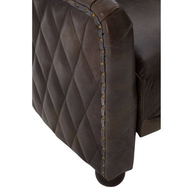 Victor dark grey brown leather tub chair with dark brown diamond quilted upholstery and brass nailhead trim