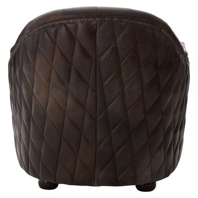 Victor dark grey brown leather tub chair with dark brown quilted leather and rounded back on small black feet
