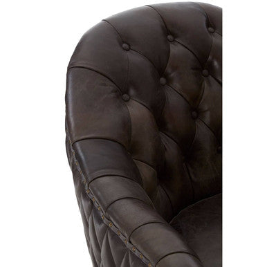 Victor dark grey brown leather tub chair with dark brown tufted leather and classic elegant design
