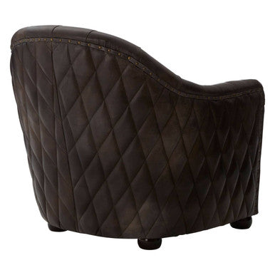 Dark brown quilted leather victor tub chair with curved backrest and rounded legs for comfy seating