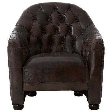 Victor dark grey brown leather tub chair with dark brown tufted leather upholstery and rounded arms for comfy seating