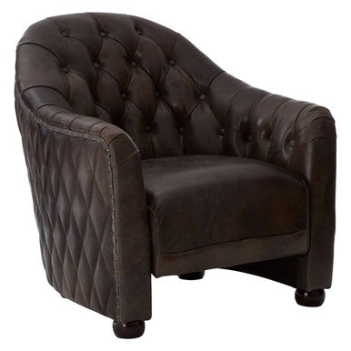 Dark brown tufted leather armchair with classic cushioned design featured as victor dark grey brown leather tub chair