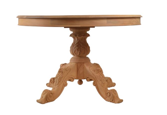 Victorian round dining table made of light oak wood with hand made ornate carved legs and floral motifs on central column