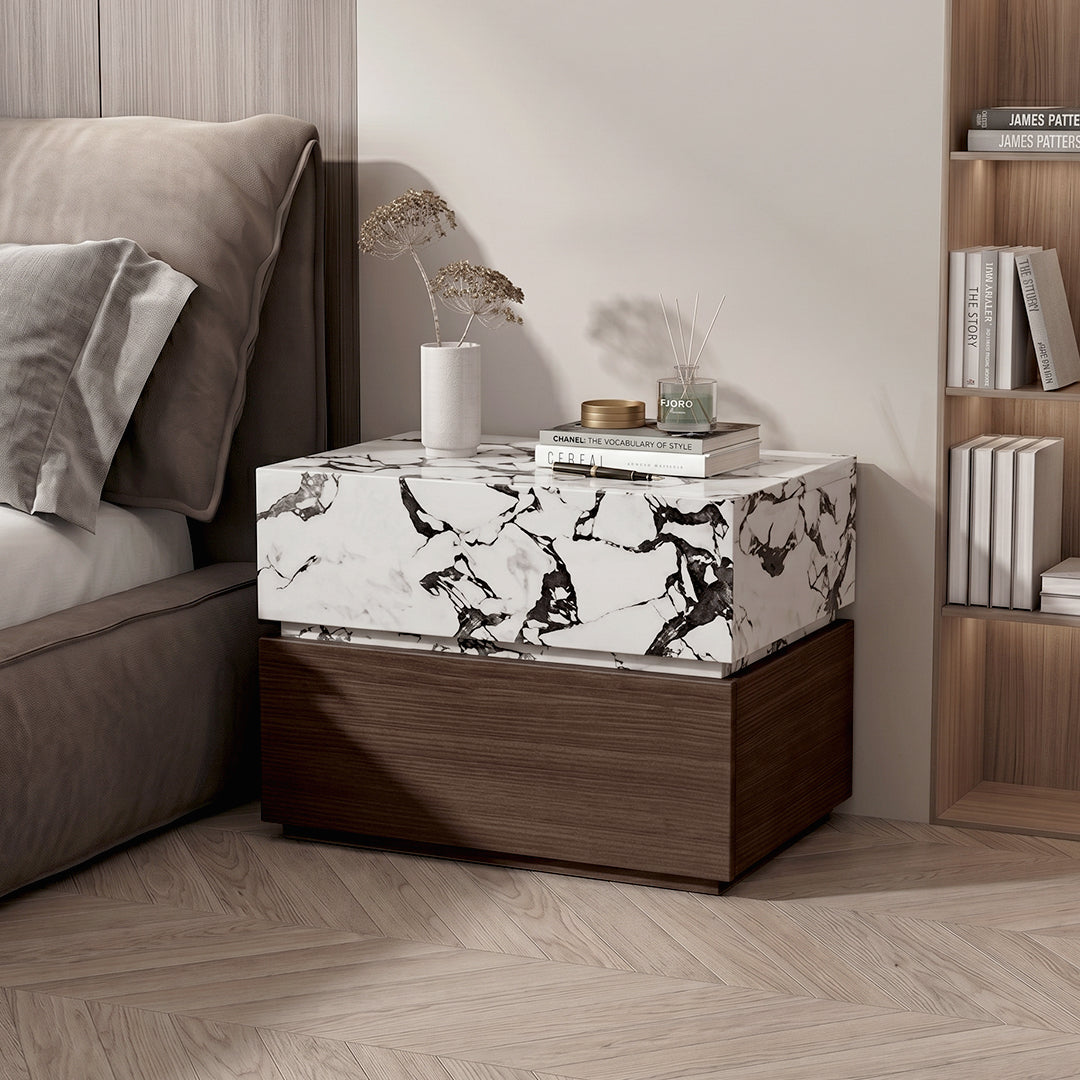 Modern marble-patterned vida designs bedside table with sleek white and black design and dark wood base