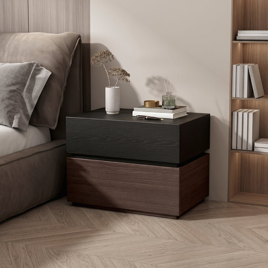 Modern vida designs bedside table with two drawers black top and warm brown wood grain base
