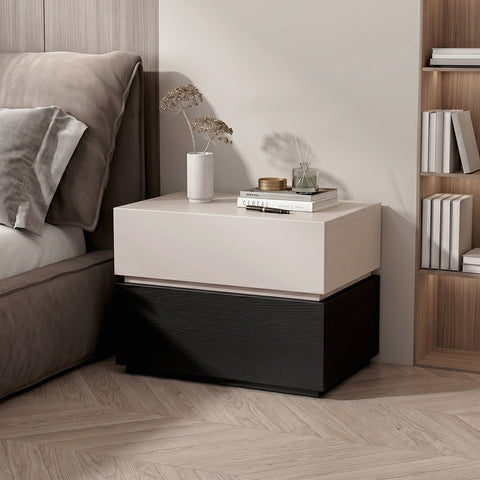 Modern vida designs bedside table with glossy white top and black base featuring clean lines and minimalist design