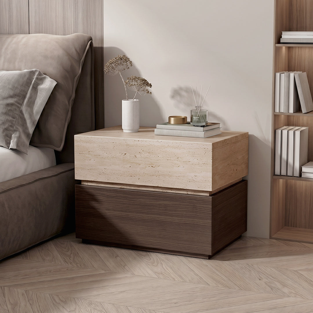 Modern vida designs bedside table with two-tone design light beige stone top and dark wood base