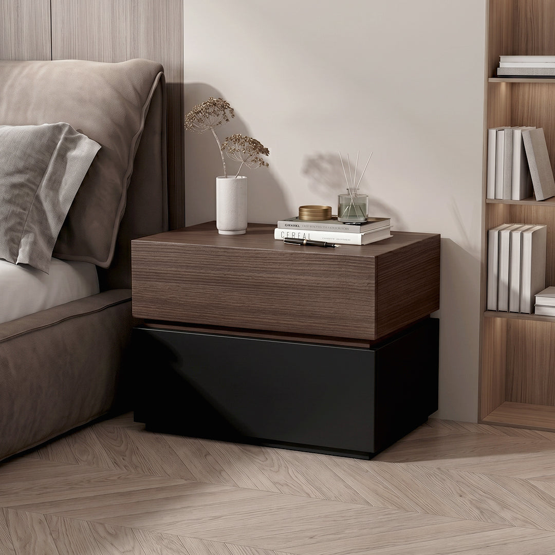 Modern vida designs bedside table with wood grain top and glossy black base perfect for stylish bedroom storage