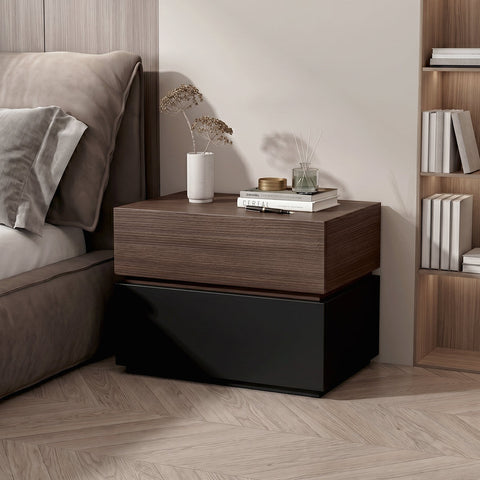 Modern vida designs bedside table with wood grain top and glossy black base perfect for stylish bedroom storage
