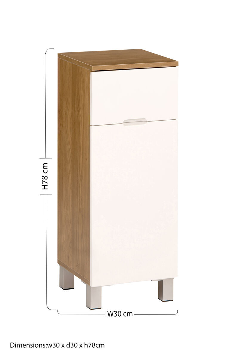 Modern vida oak effect standing cabinet with wood grain top white lacquered sides and silver metal legs