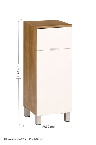 Modern vida oak effect standing cabinet with wood grain top white lacquered sides and silver metal legs