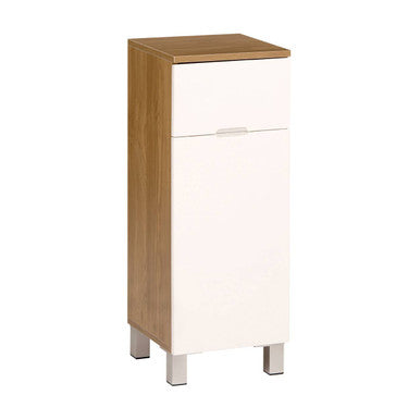Vida oak effect tall cabinet with white and wood finish, 1 drawer, 1 door, and silver metal legs