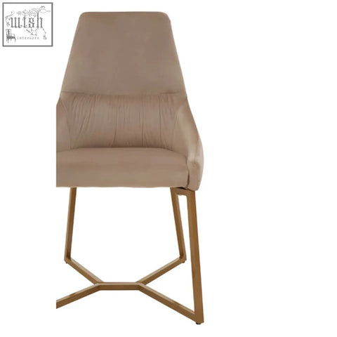 Beige mink velvet dining chair with gold-toned geometric metal legs perfect as a stylish velvet dining chair