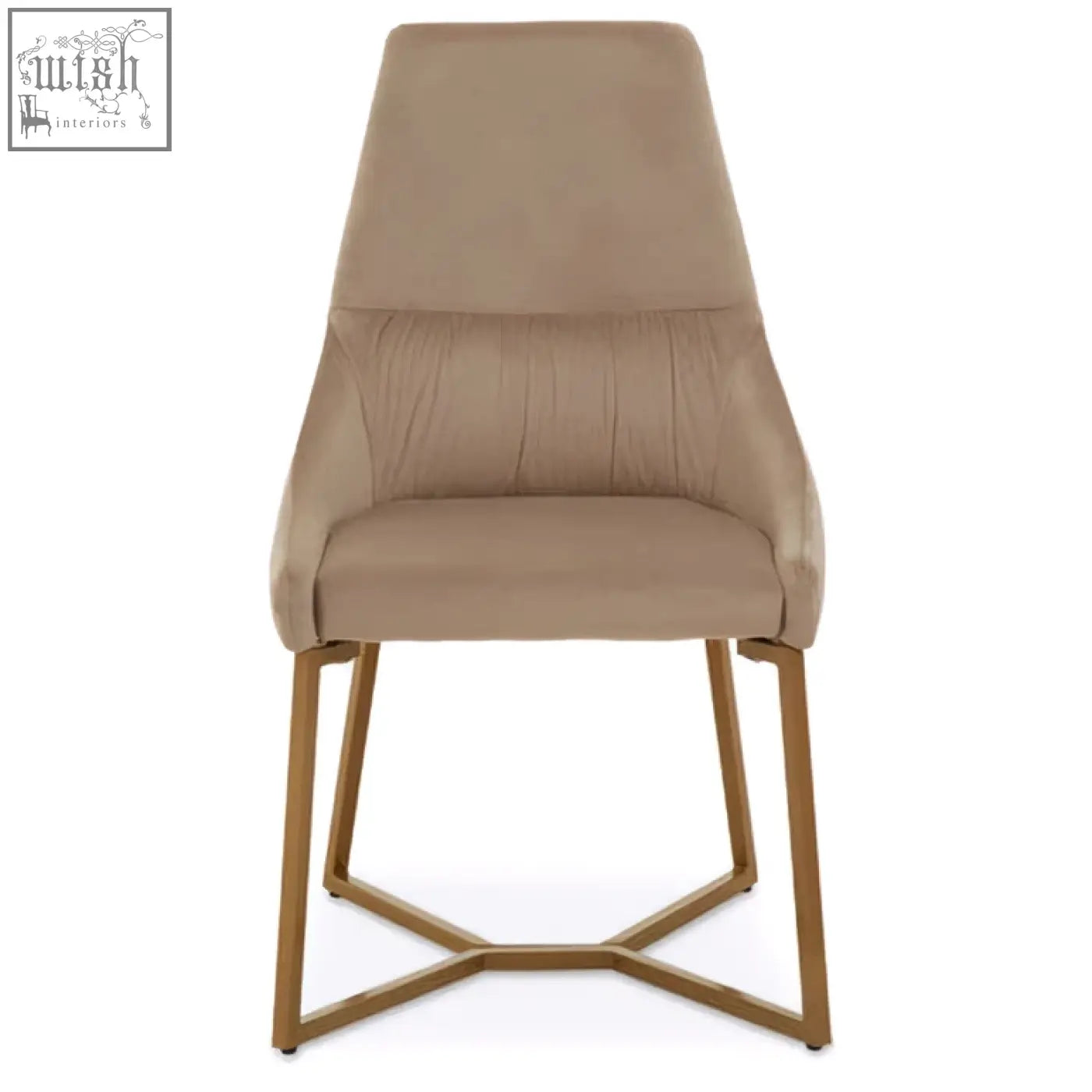Beige mink velvet dining chair with gold toned metal legs featuring a modern minimalist velvet dining chair design