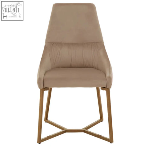 Beige mink velvet dining chair with modern gold metal frame perfect for stylish dining spaces