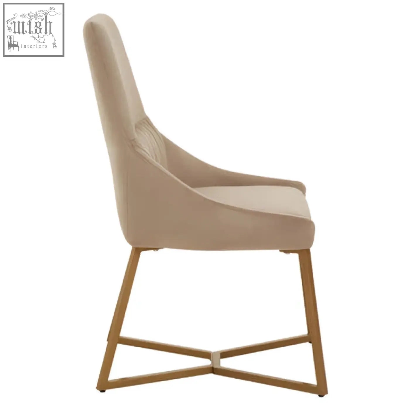 Beige mink velvet dining chair with sleek gold metal frame and x-shaped base perfect as a velvet dining chair