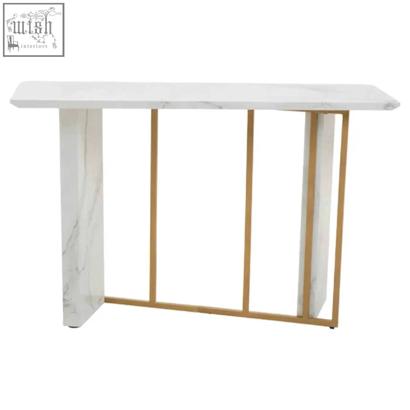 Vieste white marble console table with white marble top and gold-toned metal legs and vertical supports