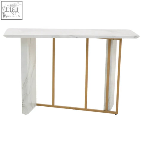 Vieste white marble console table with white marble top and gold-toned metal legs and vertical supports